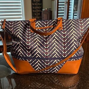Stylish Chevron Tote Bag - Navy and Brown